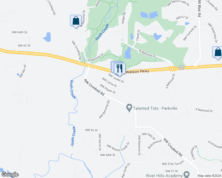 map of restaurants, bars, coffee shops, grocery stores, and more near 11004 Northwest Lema Drive in Parkville
