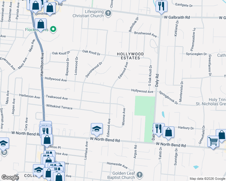 map of restaurants, bars, coffee shops, grocery stores, and more near 1278 Hollywood Avenue in Cincinnati