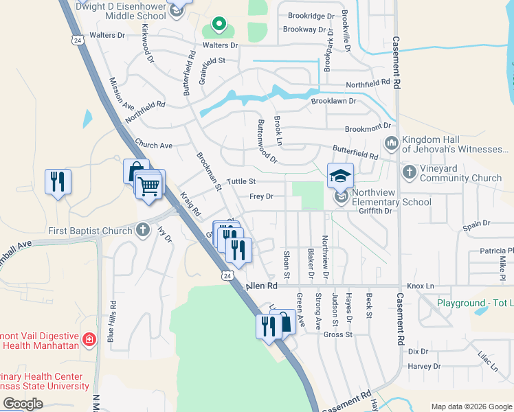 map of restaurants, bars, coffee shops, grocery stores, and more near 724 Griffith Drive in Manhattan