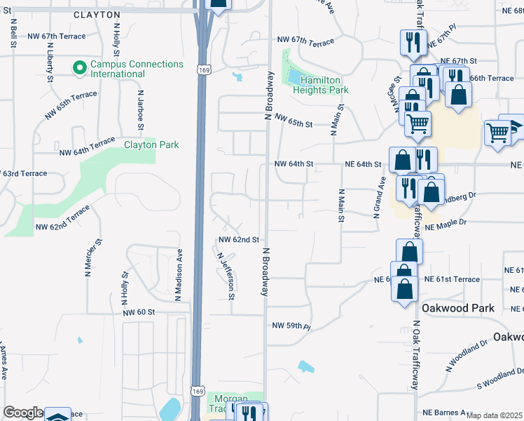 map of restaurants, bars, coffee shops, grocery stores, and more near 6300 North Broadway in Kansas City