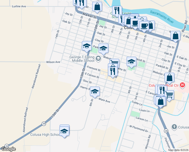 map of restaurants, bars, coffee shops, grocery stores, and more near 944 9th Street in Colusa