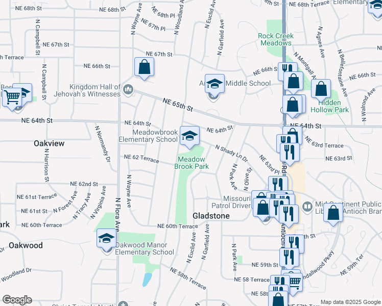 map of restaurants, bars, coffee shops, grocery stores, and more near 6301 North Michigan Avenue in Gladstone