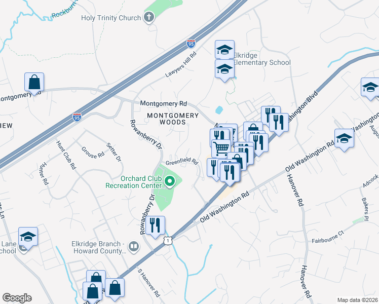 map of restaurants, bars, coffee shops, grocery stores, and more near 6410 Greenfield Road in Elkridge