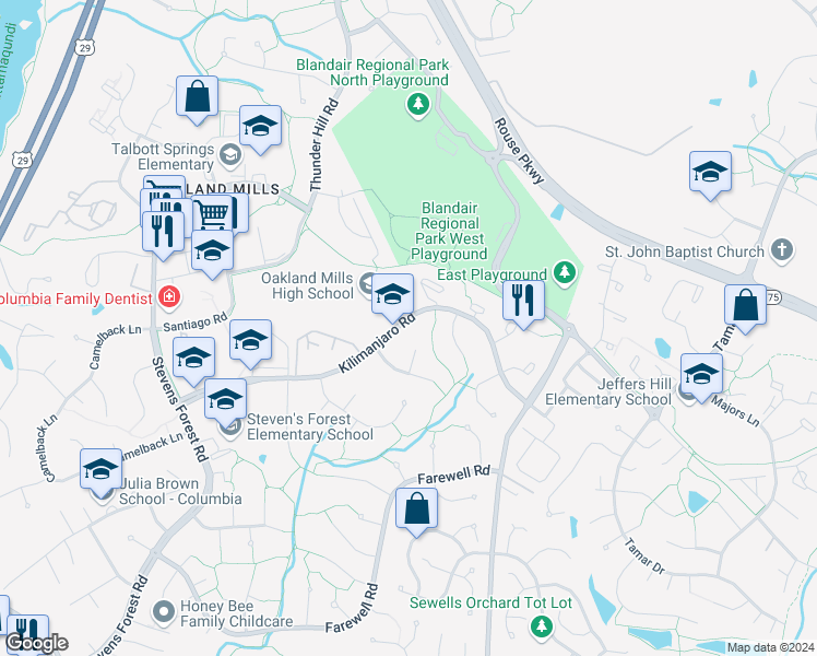 map of restaurants, bars, coffee shops, grocery stores, and more near 9413 Kilimanjaro Road in Columbia