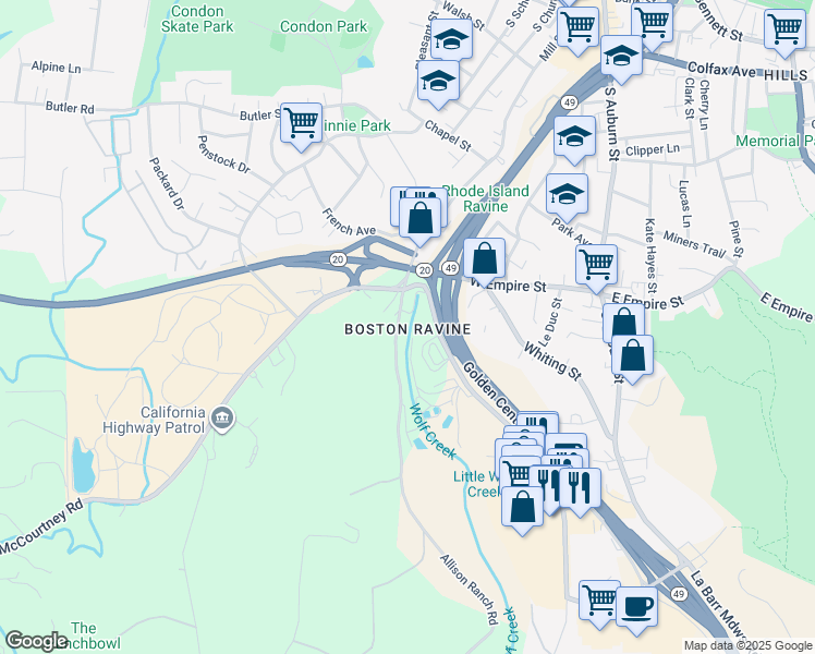 map of restaurants, bars, coffee shops, grocery stores, and more near in Grass Valley