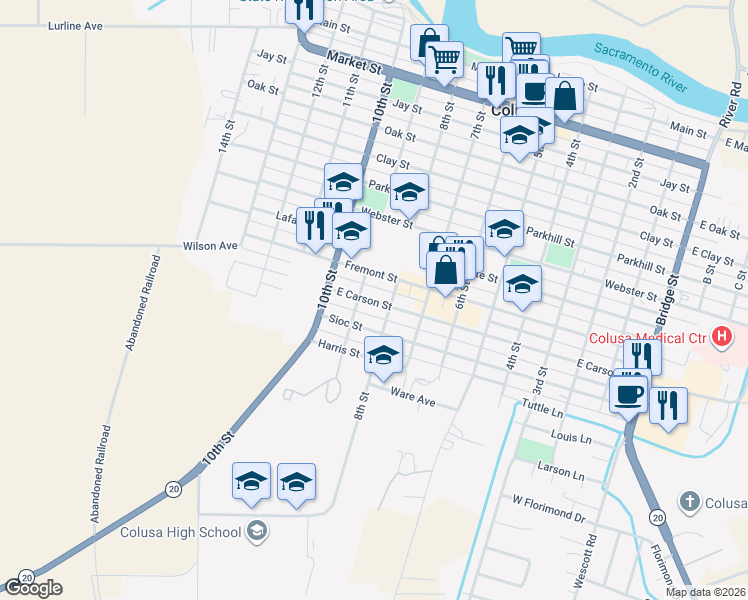 map of restaurants, bars, coffee shops, grocery stores, and more near 944 9th Street in Colusa