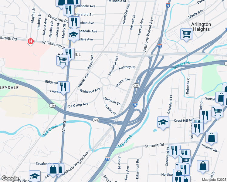 map of restaurants, bars, coffee shops, grocery stores, and more near 233 Parkway Avenue in Cincinnati
