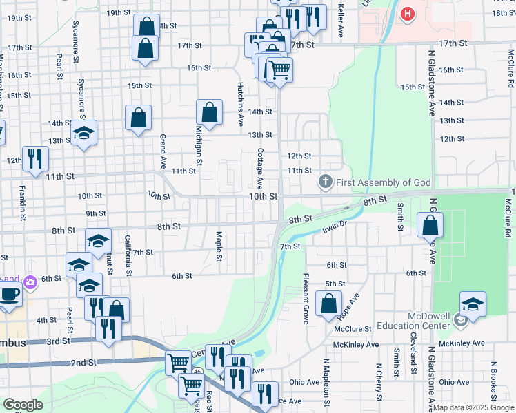 map of restaurants, bars, coffee shops, grocery stores, and more near 1804 10th Street in Columbus