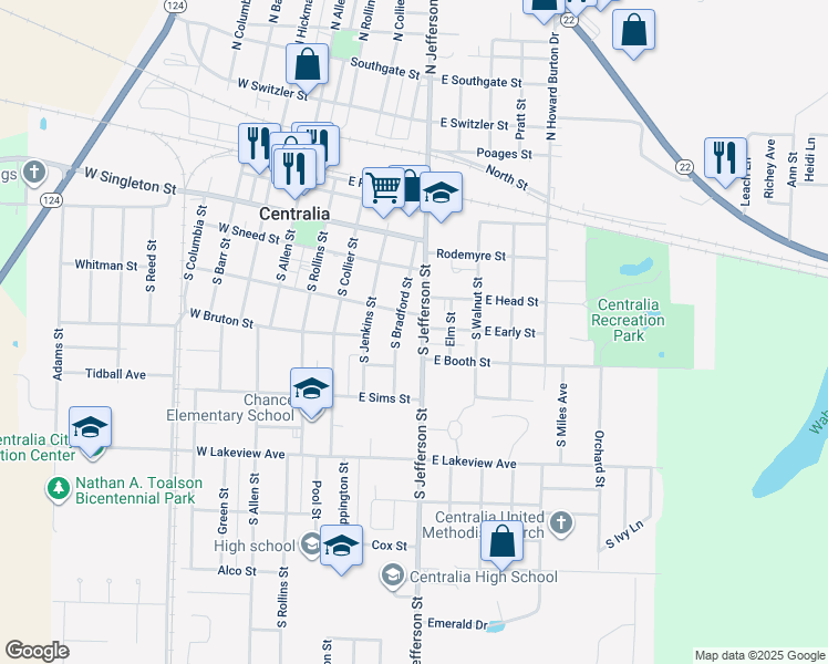 map of restaurants, bars, coffee shops, grocery stores, and more near Barnes St in Centralia