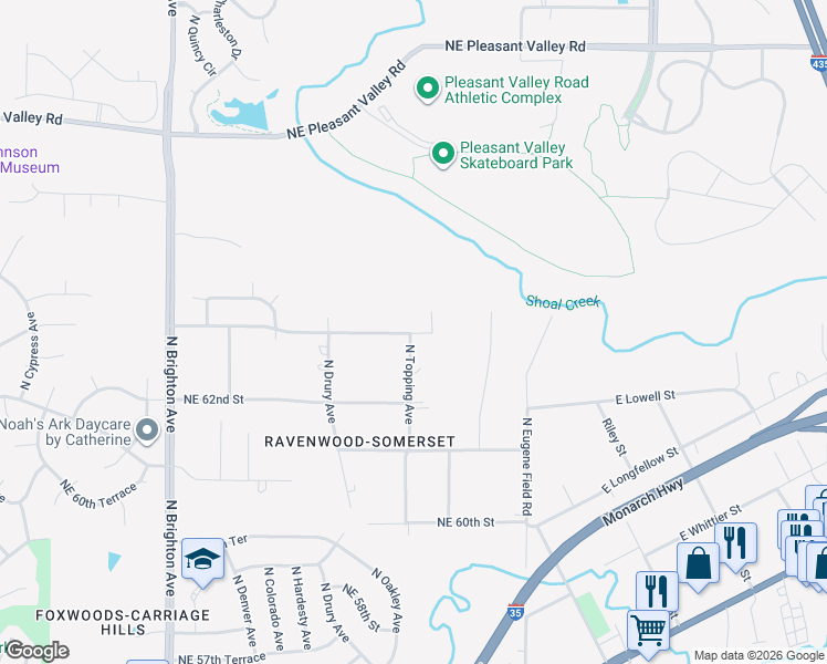 map of restaurants, bars, coffee shops, grocery stores, and more near 5704 Northeast 63rd Street in Kansas City