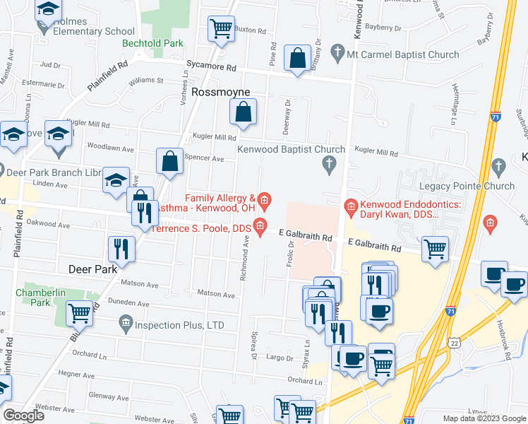 map of restaurants, bars, coffee shops, grocery stores, and more near 8250 Kenwood Crossing Way in Cincinnati