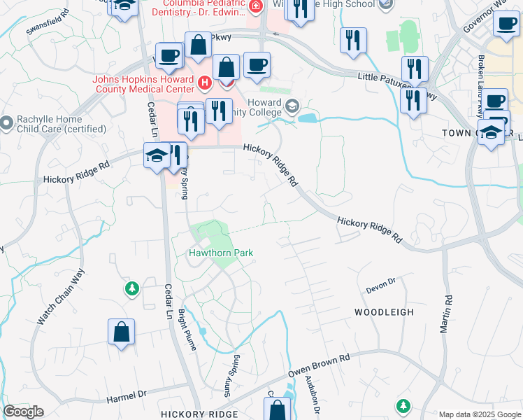 map of restaurants, bars, coffee shops, grocery stores, and more near 10673 High Beam Court in Columbia