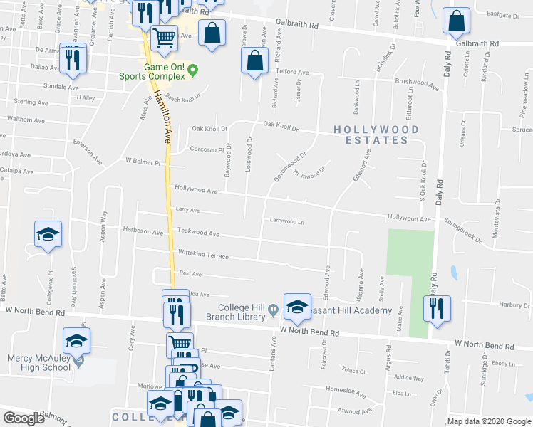 map of restaurants, bars, coffee shops, grocery stores, and more near 6474 Devonwood Drive in Cincinnati