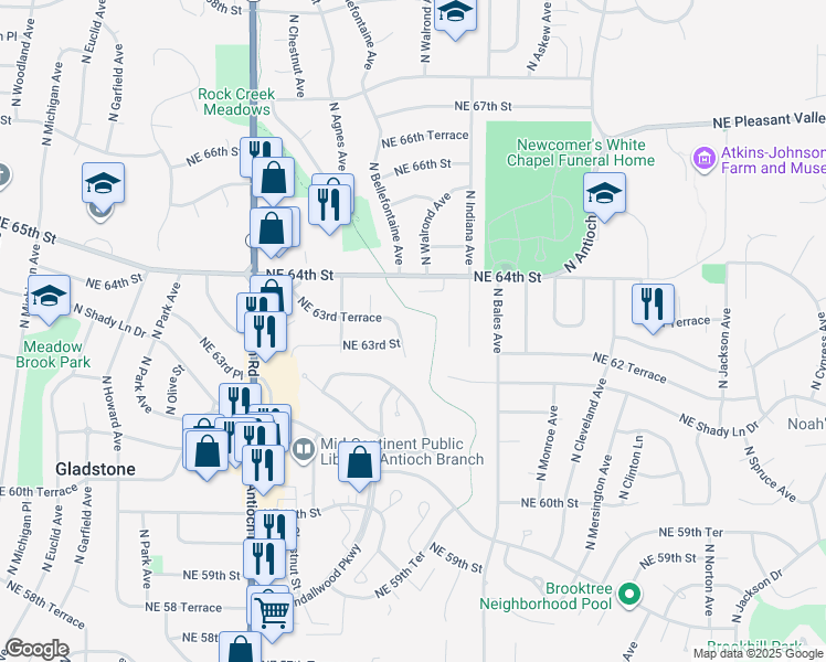 map of restaurants, bars, coffee shops, grocery stores, and more near 6305 North Bellefontaine Avenue in Kansas City