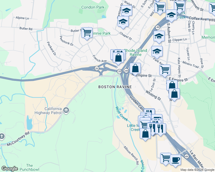 map of restaurants, bars, coffee shops, grocery stores, and more near 10961 Golden Avenue in Grass Valley