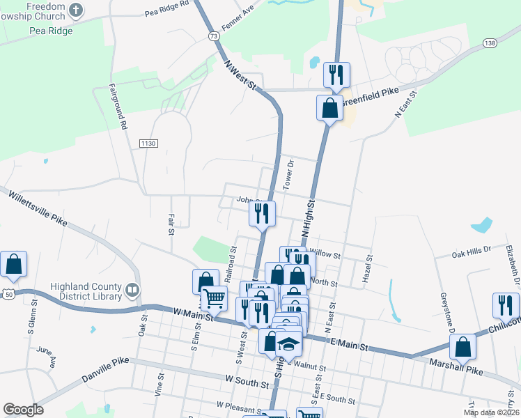 map of restaurants, bars, coffee shops, grocery stores, and more near in Highland County
