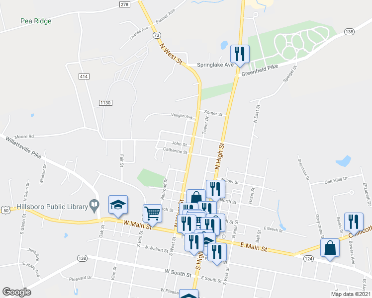 map of restaurants, bars, coffee shops, grocery stores, and more near in Highland County