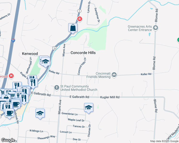 map of restaurants, bars, coffee shops, grocery stores, and more near 7910 Keller Road in Cincinnati