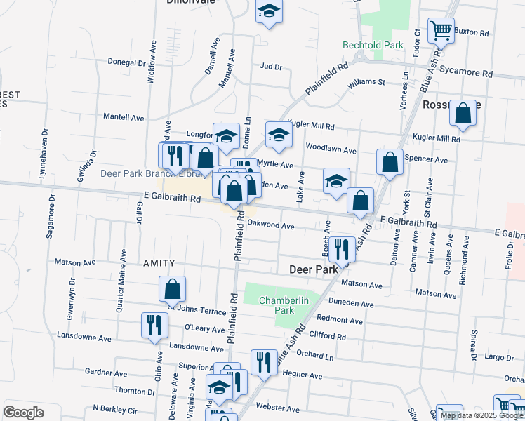 map of restaurants, bars, coffee shops, grocery stores, and more near 4142 East Galbraith Road in Cincinnati