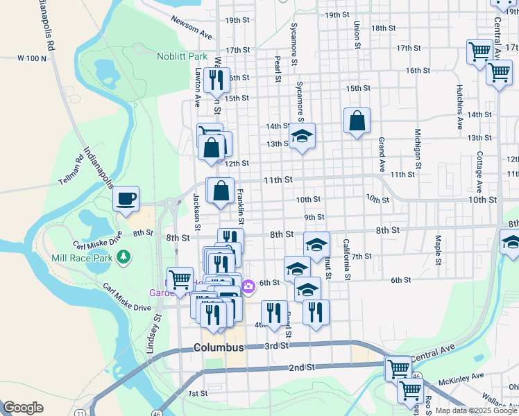 map of restaurants, bars, coffee shops, grocery stores, and more near 1001 Lafayette Avenue in Columbus