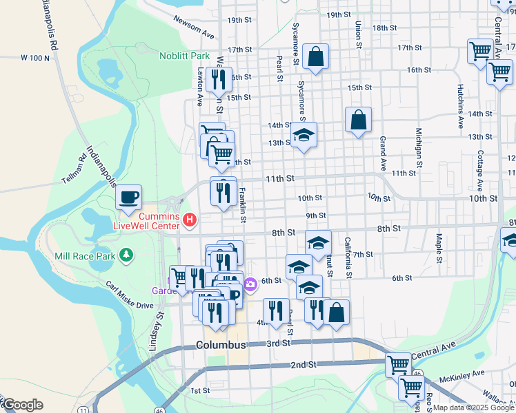 map of restaurants, bars, coffee shops, grocery stores, and more near 1001 Lafayette Avenue in Columbus
