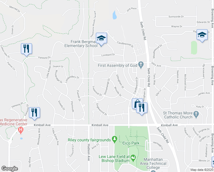 map of restaurants, bars, coffee shops, grocery stores, and more near Stonehenge Drive in Manhattan