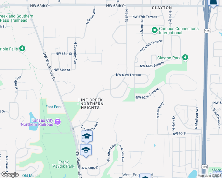 map of restaurants, bars, coffee shops, grocery stores, and more near 6943 North Bedford Avenue in Kansas City
