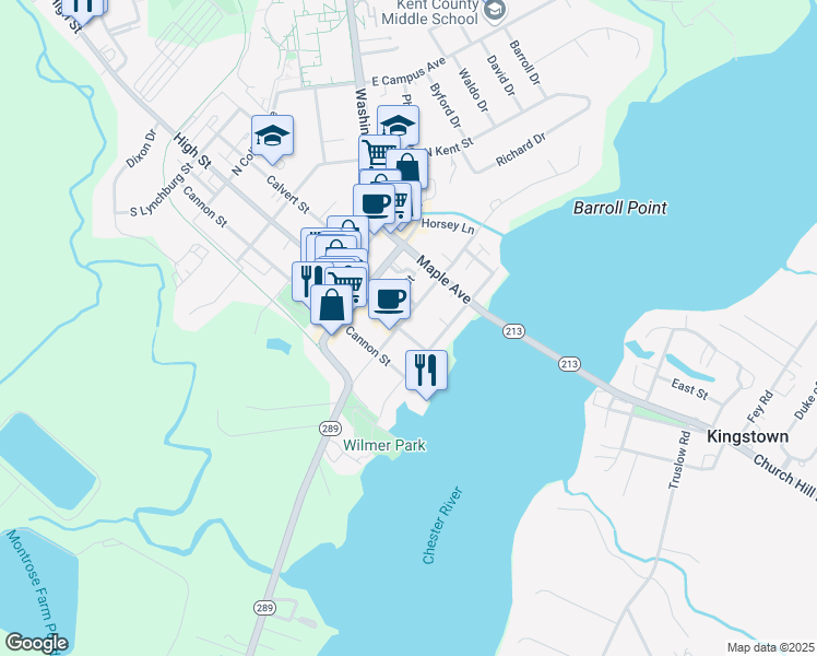map of restaurants, bars, coffee shops, grocery stores, and more near 99 North Queen Street in Chestertown