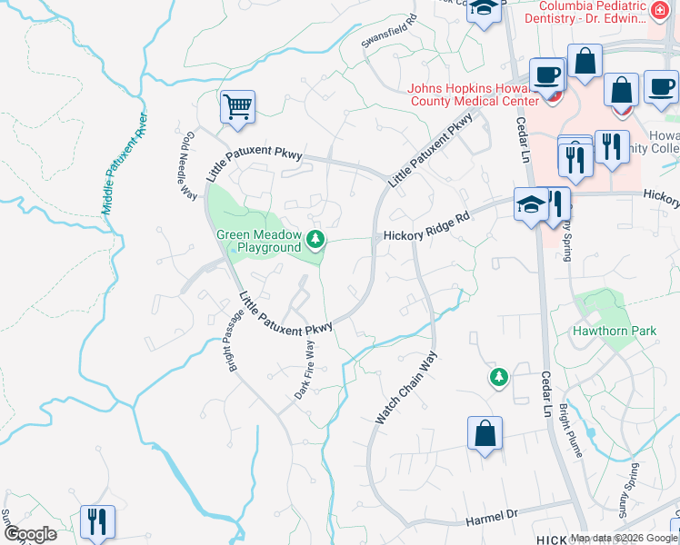 map of restaurants, bars, coffee shops, grocery stores, and more near 11430 Little Patuxent Parkway in Columbia