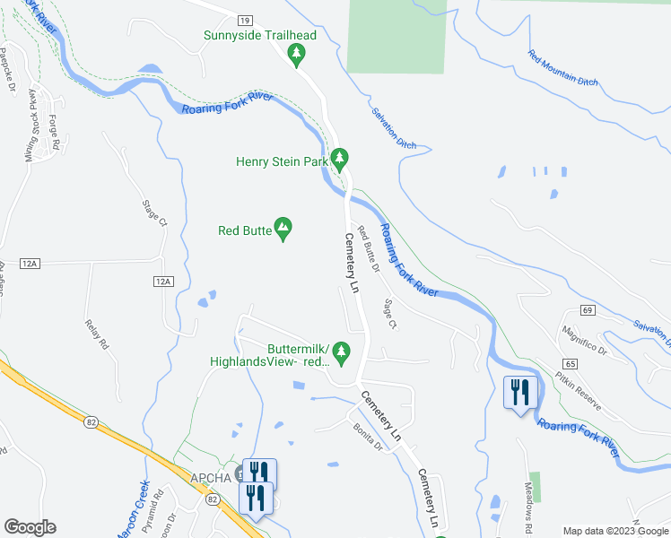 map of restaurants, bars, coffee shops, grocery stores, and more near 230 Pitkin Mesa Drive in Aspen