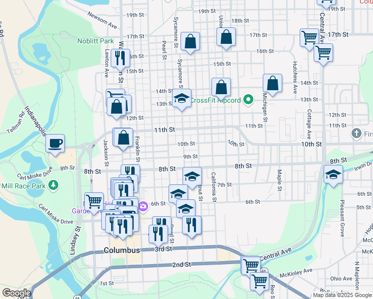 map of restaurants, bars, coffee shops, grocery stores, and more near 919 Sycamore Street in Columbus