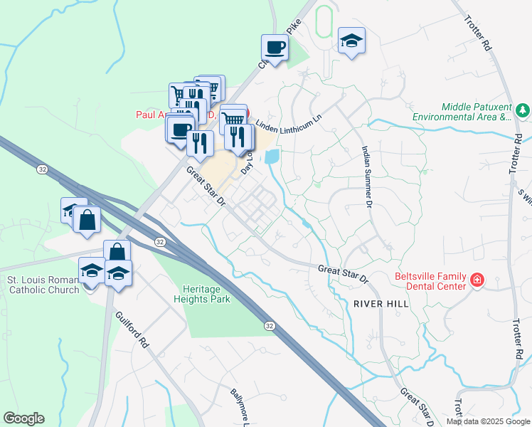 map of restaurants, bars, coffee shops, grocery stores, and more near 5902 Fleets of Time Court in Clarksville