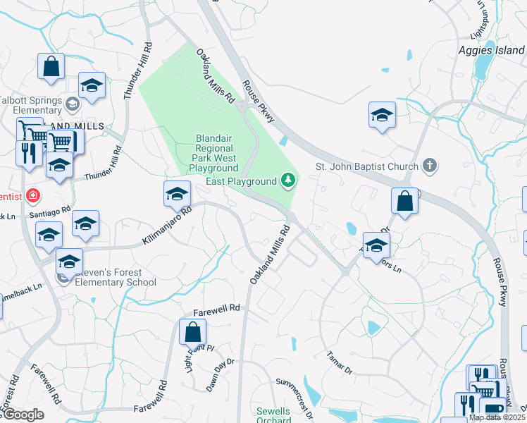 map of restaurants, bars, coffee shops, grocery stores, and more near 9389 Indian Camp Road in Columbia