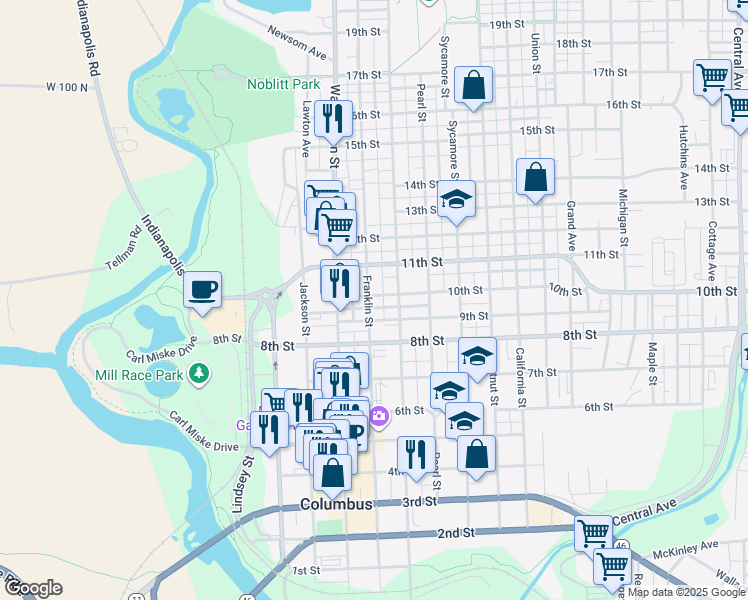 map of restaurants, bars, coffee shops, grocery stores, and more near 1010a Franklin Street in Columbus