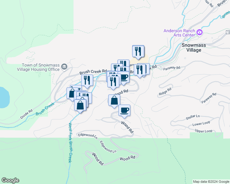 map of restaurants, bars, coffee shops, grocery stores, and more near 73 Wood Road in Aspen