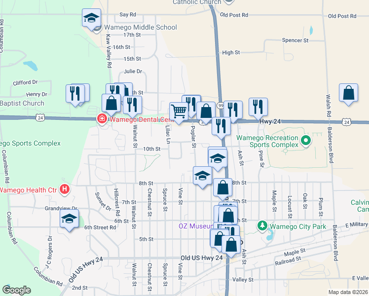 map of restaurants, bars, coffee shops, grocery stores, and more near 906-998 Vine Street in Wamego