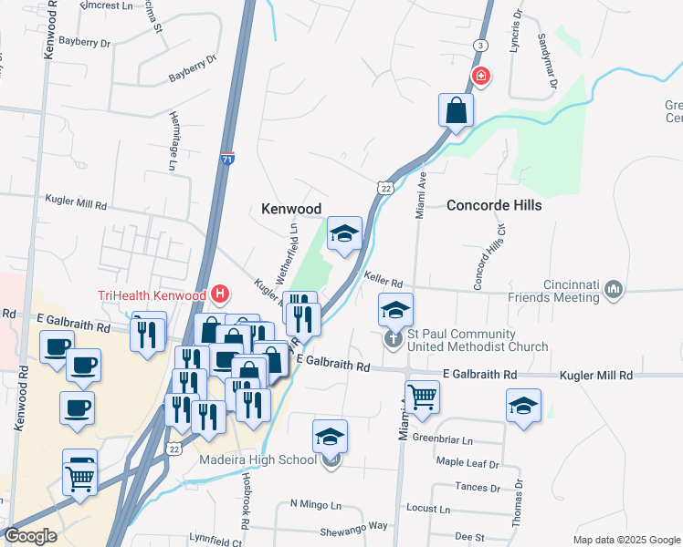 map of restaurants, bars, coffee shops, grocery stores, and more near 8401 U.S. 22 in Cincinnati