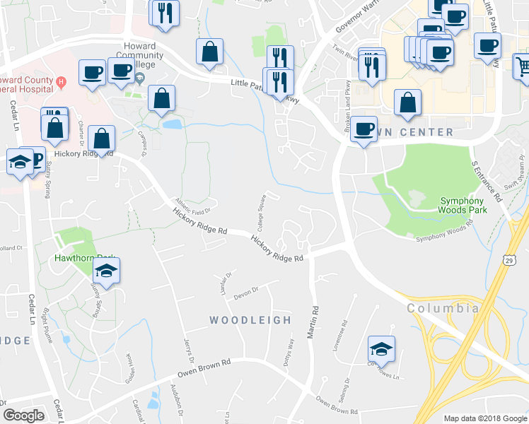 map of restaurants, bars, coffee shops, grocery stores, and more near 10338 College Square in Columbia