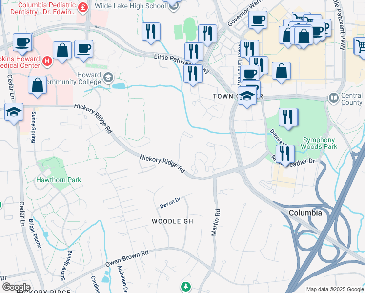 map of restaurants, bars, coffee shops, grocery stores, and more near 10338 College Square in Columbia