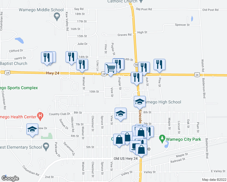 map of restaurants, bars, coffee shops, grocery stores, and more near 906 Vine Street in Wamego