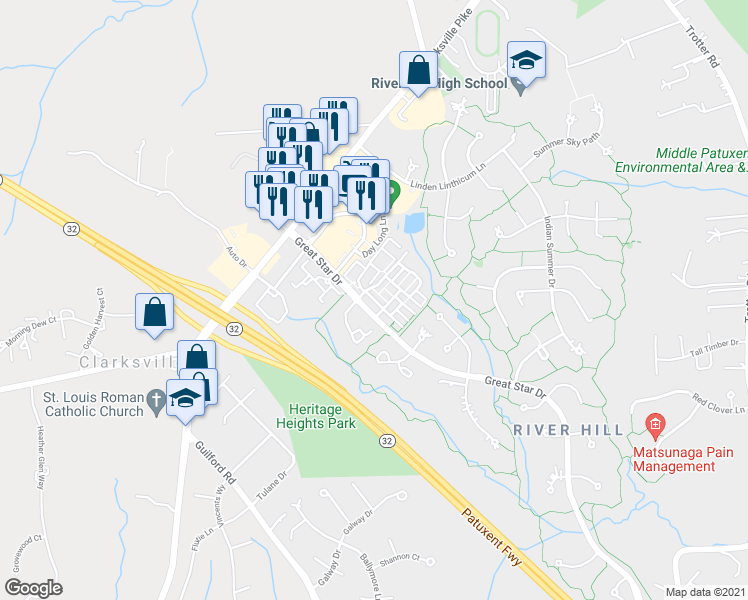 map of restaurants, bars, coffee shops, grocery stores, and more near 5876 Trumpet Sound Court in Clarksville