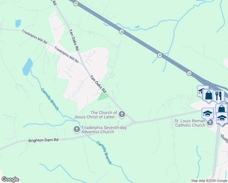 map of restaurants, bars, coffee shops, grocery stores, and more near 6005 Ten Oaks Road in Clarksville