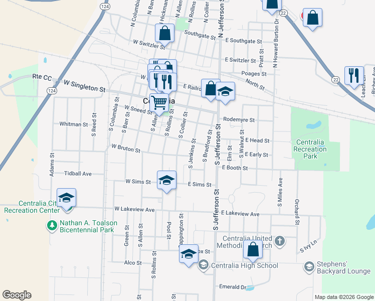 map of restaurants, bars, coffee shops, grocery stores, and more near 300 South Jenkins Street in Centralia