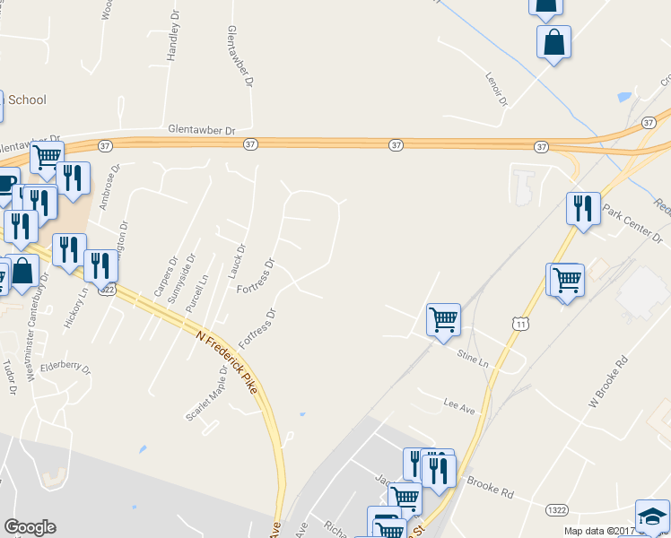 map of restaurants, bars, coffee shops, grocery stores, and more near 409 Fortress Drive in Winchester