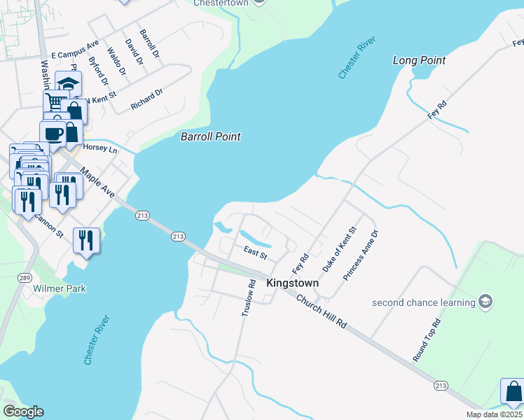 map of restaurants, bars, coffee shops, grocery stores, and more near 209 Rivershore Road in Chestertown