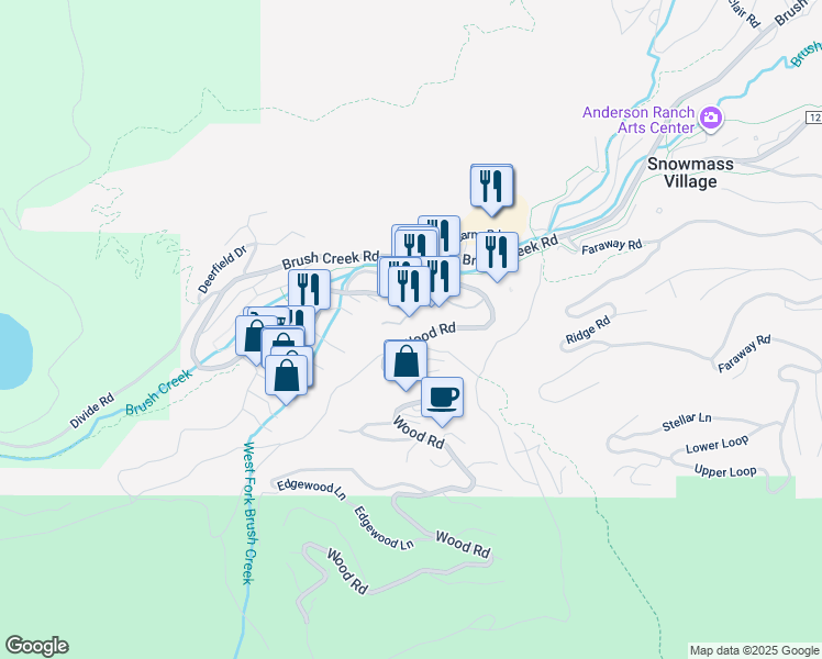 map of restaurants, bars, coffee shops, grocery stores, and more near 73 Wood Road in Aspen