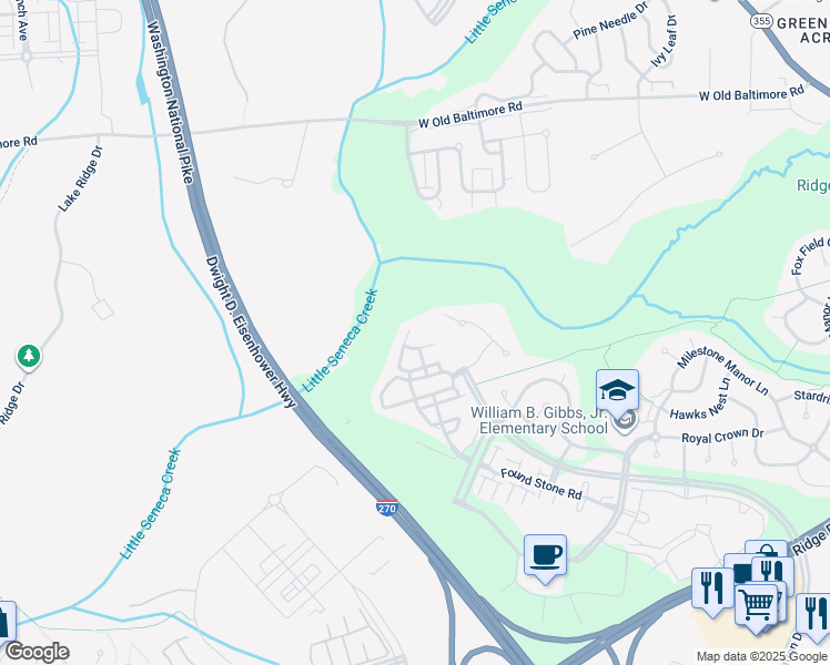 map of restaurants, bars, coffee shops, grocery stores, and more near 21339 Bunyan Circle in Germantown