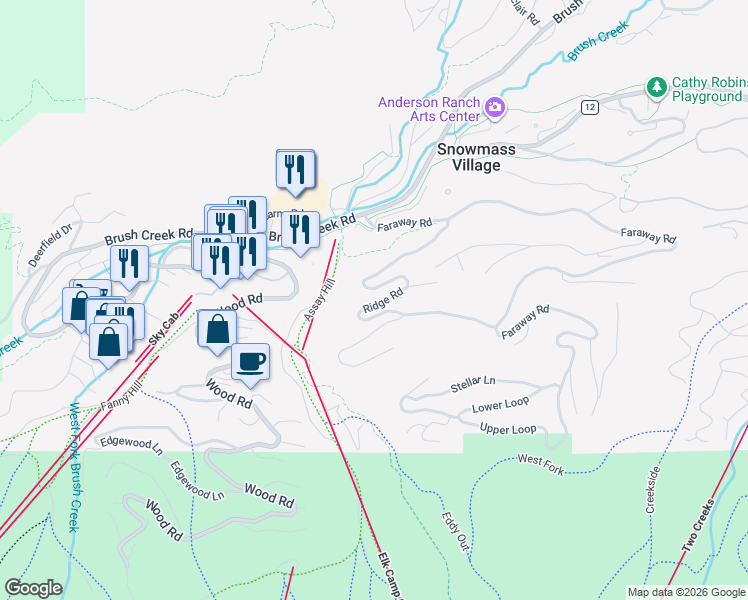 map of restaurants, bars, coffee shops, grocery stores, and more near 364 Ridge Road in Snowmass Village