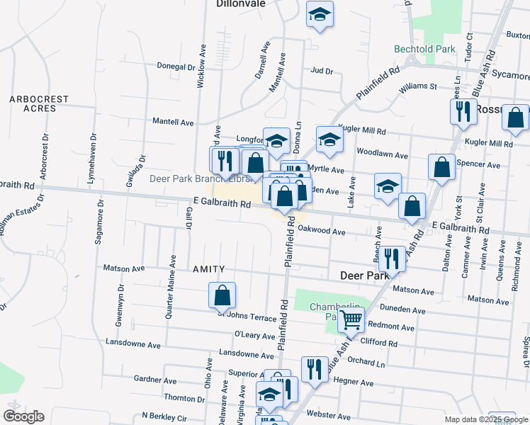 map of restaurants, bars, coffee shops, grocery stores, and more near 4039 East Galbraith Road in Cincinnati