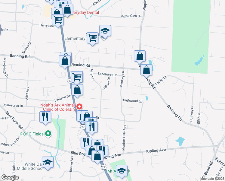 map of restaurants, bars, coffee shops, grocery stores, and more near 6781 Rutherford Court in Cincinnati